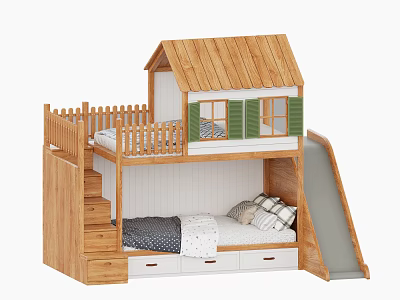 Wooden Kids Bunk Bed With House Shaped Roof Slide And Storage Drawers 3d model