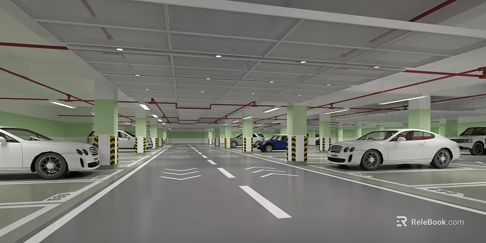 Modern Parking Garage With Green Columns White Arrows And Parked White Blue Cars 3d model 