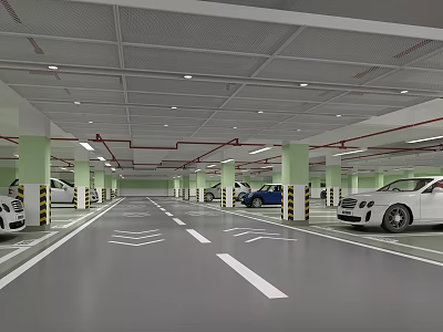 Modern Parking Garage With Green Columns White Arrows And Parked White Blue Cars 3d model