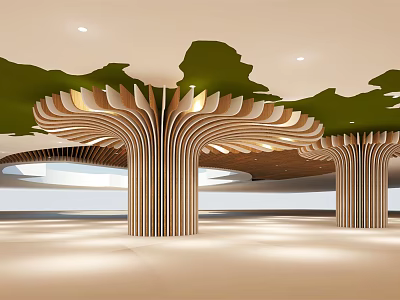 Tree Inspired Wooden Curved Columns In Modern Indoor Space With Green Ceiling Lighting 3d model