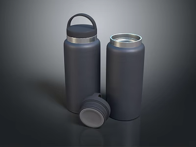 Two Black Insulated Cups One With Handle Lid And Another Lid Placed Beside 3d model