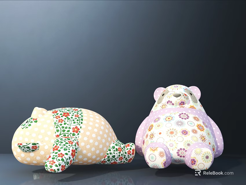 Kids Bed with Cute Plush Bear and Animal Toys in Floral Patterns Pink Yellow Design 3d model 