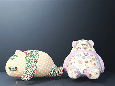 Kids Bed with Cute Plush Bear and Animal Toys in Floral Patterns Pink Yellow Design 3d model