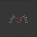 Green Mechanical Structure With Red Circular Target And Metal Track On Rough Surface