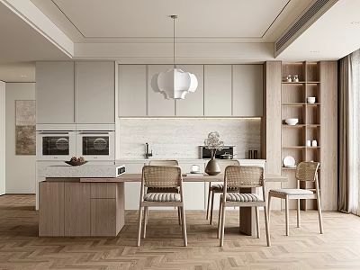Modern Open Restaurant Kitchen Interior With Light Cabinets Dining Table Chairs And Marble Countertop 3d model