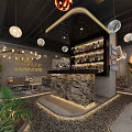 Stylish Bar Interior with Stone Counter Pebble Floor Hanging Lights and Green Plants
