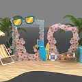 Floral Installation For Beach Scene With Striped Chairs Umbrella Palm Trees And Surfboard