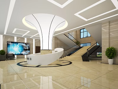 Modern Lobby Reception Desk With White Counter Marble Floor And Circular Ceiling Design 3d model