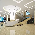 Modern Lobby Reception Desk With White Counter Marble Floor And Circular Ceiling Design