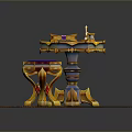Ornate Decorative Furniture Piece With Gold Accents Purple Center And Colorful Mat