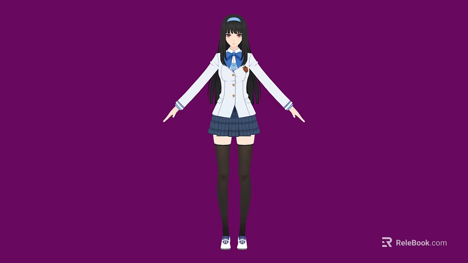 Woman in School Uniform White Jacket Blue Tie Plaid Skirt Standing Against Purple Background 3d model 