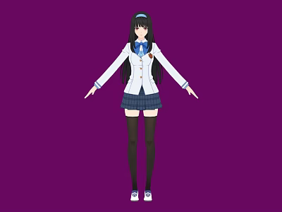 Woman in School Uniform White Jacket Blue Tie Plaid Skirt Standing Against Purple Background 3d model