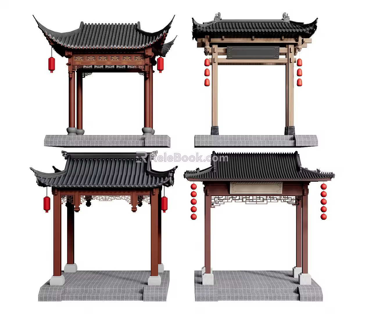 Chinese style archway ancient building door head building components 3d model
