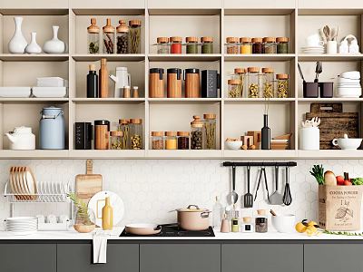 Organized Kitchen Shelves Displaying Kitchenware Spice Jars Cookware And Dishes 3d model