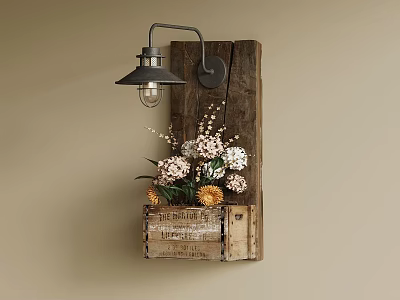 Rustic Wall Lamp Mounted On Wooden Plank With Flower Decor In Wooden Box 3d model