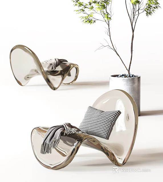 Modern Transparent Leisure Chair With Plaid Cushion Throw Blanket And Decorative Branch Vase 3d model 