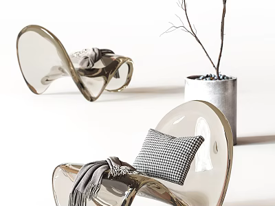 Modern Transparent Leisure Chair With Plaid Cushion Throw Blanket And Decorative Branch Vase 3d model