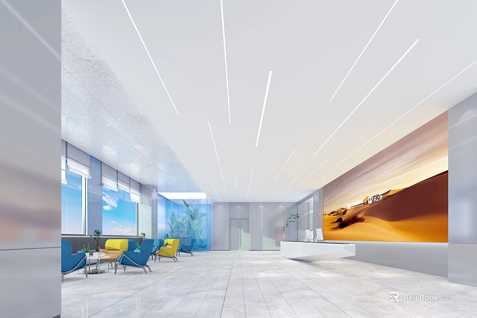 Modern Front Desk Reception Interior Design With Marble Counter Seating And Decorative Wall Art 3d model 