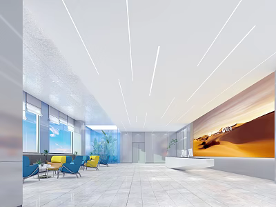 Modern Front Desk Reception Interior Design With Marble Counter Seating And Decorative Wall Art 3d model
