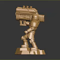 Golden Mechanical Robot Character Holding Large Weapon On Pedestal Base