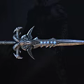 Mythic Sword With Metallic Hilt Skull Horns And Blue Glowing Blade In Dark Fantasy Setting