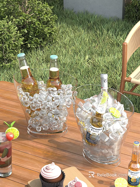 Refreshing Cold Drinks in Ice Buckets with Beer Vodka Bottles Limes on Outdoor Wooden Table 3d model 