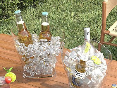 Refreshing Cold Drinks in Ice Buckets with Beer Vodka Bottles Limes on Outdoor Wooden Table 3d model