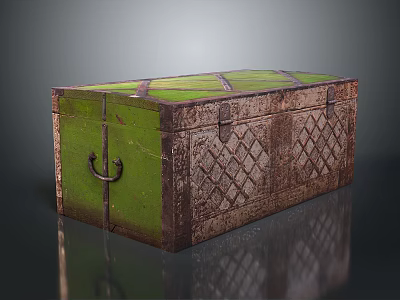 Vintage Green Lid Brown Sides Chest With Diamond Pattern And Metal Hardware 3d model