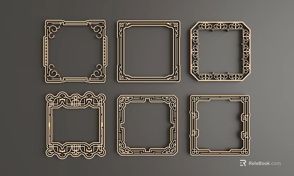 Decorative Golden Lines Frames With Various Intricate Patterns On Gray Background 3d model 