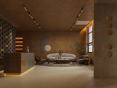 Modern Beauty Hair Salon Interior With Reception Sofa Green Plants And Lighting Design 3d model