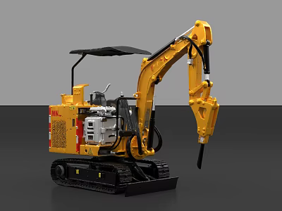Yellow Compact Functional Excavator With Black Canopy Tracked Chassis And Demolition Hammer 3d model
