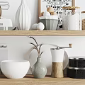 Kitchenware Display on Wooden Shelves with Coffee Maker Bowls Grinder Toaster and Olive Oil Bottles