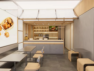 Modern Bubble Tea Shop Interior With Wooden Counter Seating Area And Menu Displays 3d model