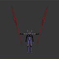 Scifi Character With Purple Body Green Yellow Details And Red Weapons In Dark Background