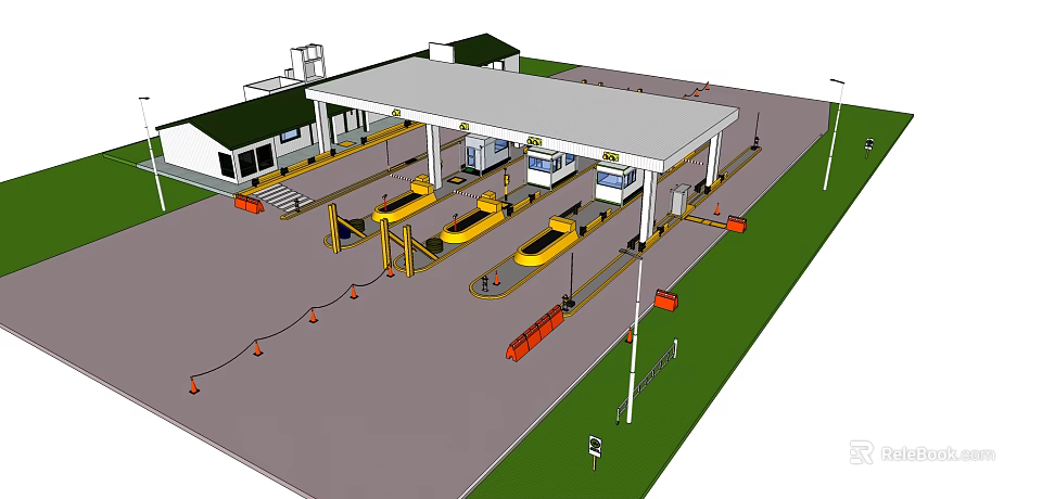 Gas Station Facility With Canopy Fuel Dispensers Vehicle Lanes And Orange Cones 3d model 