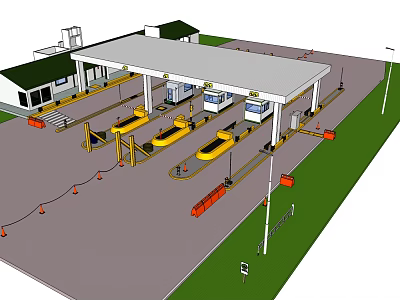 Gas Station Facility With Canopy Fuel Dispensers Vehicle Lanes And Orange Cones 3d model