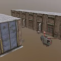 Old Brick Factory Buildings In Two Rows With Red Crane And Gray Background