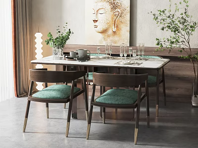 Elegant Dining Table Set With Marble Top Green Padded Chairs And Decorative Painting 3d model