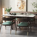 Elegant Dining Table Set With Marble Top Green Padded Chairs And Decorative Painting