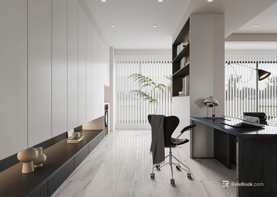 Modern Home Office Interior With Wooden Desk Ergonomic Chair Built in Bookshelves And Window Blinds 3d model 