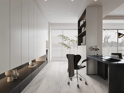 Modern Home Office Interior With Wooden Desk Ergonomic Chair Built in Bookshelves And Window Blinds 3d model