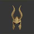 Golden Ornamental Battle Helmet With Curved Horns Intricate Carvings And Reflective Surface On Gray Background