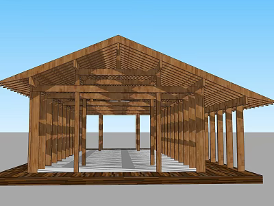 Wooden Detached Villa With Open Air Structure And Sloped Roof Design 3d model