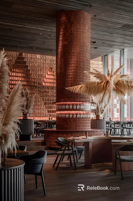 Modern Restaurant Interior With Red Brick Walls Cylindrical Column And Tall Pampas Grass Plants 3d model 