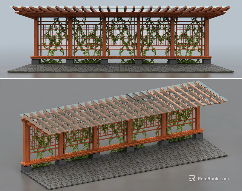Wooden Garden Pergola With Lattice Roof Climbing Vines And Stone Paved Floor 3d model 