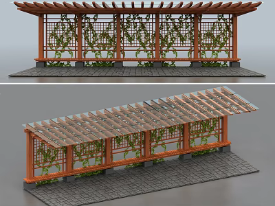 Wooden Garden Pergola With Lattice Roof Climbing Vines And Stone Paved Floor 3d model