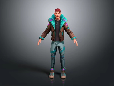 3D Character With Red Hair Brown Jacket Blue Accents Blue Pants Purple Green Detailed Shoes 3d model