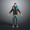 3D Character With Red Hair Brown Jacket Blue Accents Blue Pants Purple Green Detailed Shoes