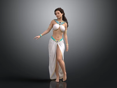 Elegant Female Character Design With White Long Dress And Blue Accessories 3d model