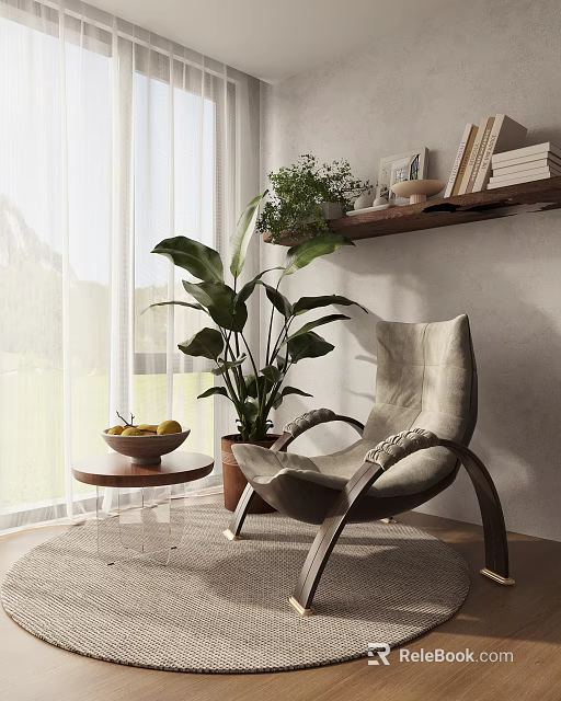 Modern Living Room Armchair With Potted Plant And Round Wooden Side Table 3d model 